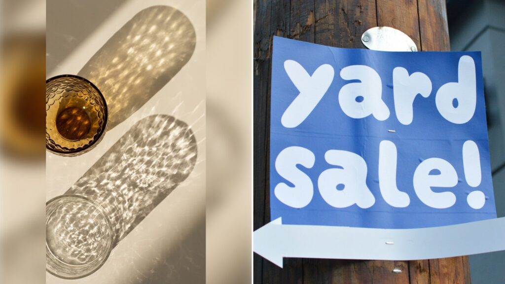 Left: cover still from an Instagram reel by @. Right: A blue yard sale sign attached to a wooden pole (Unsplash photo by Naturalist Boat).