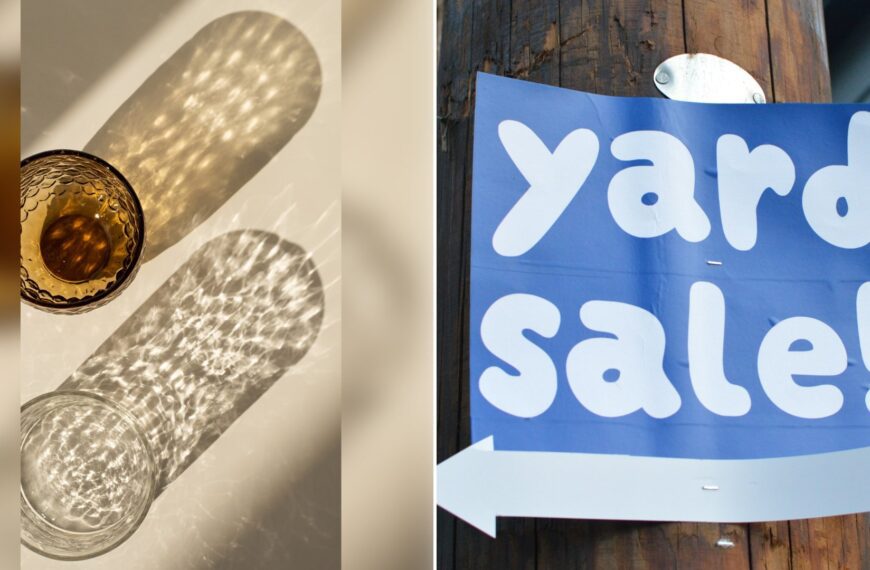 Left: cover still from an Instagram reel by @. Right: A blue yard sale sign attached to a wooden pole (Unsplash photo by Naturalist Boat).