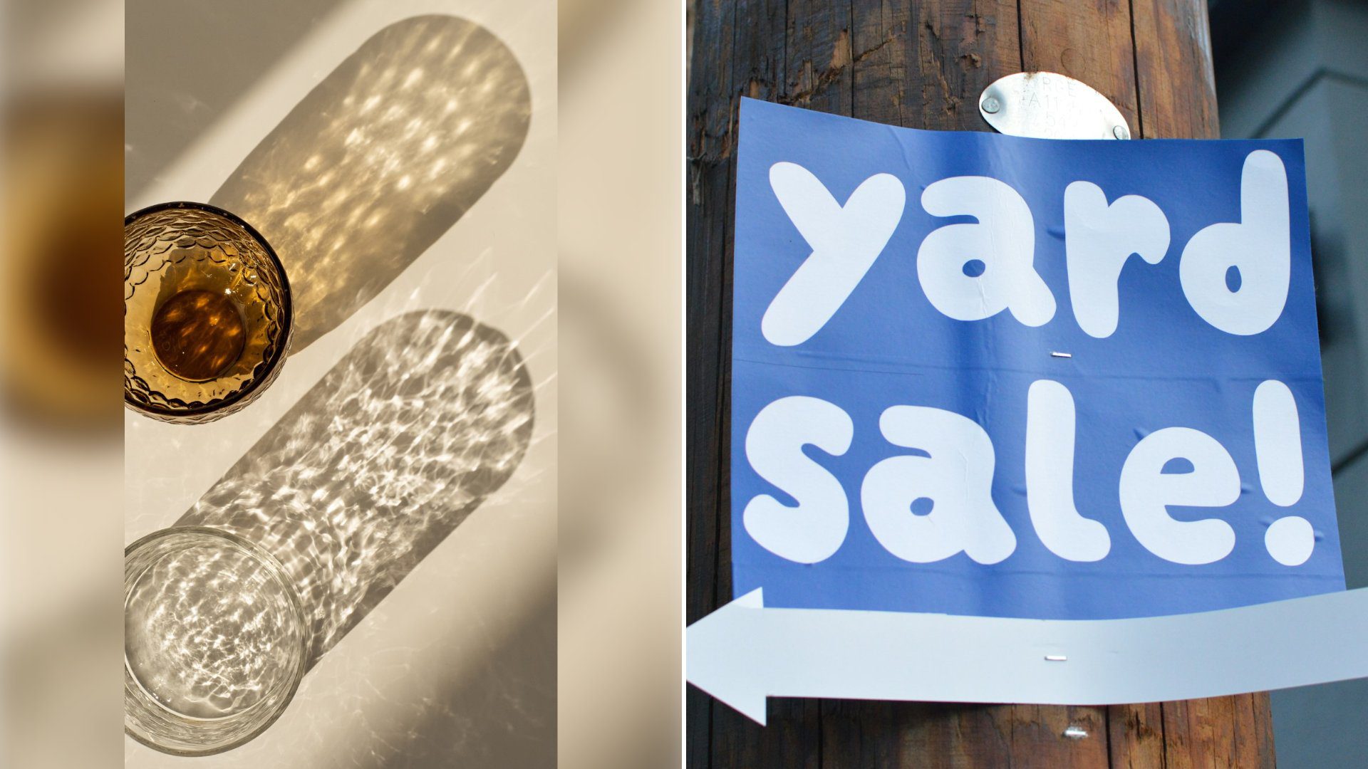 Left: cover still from an Instagram reel by @. Right: A blue yard sale sign attached to a wooden pole (Unsplash photo by Naturalist Boat).