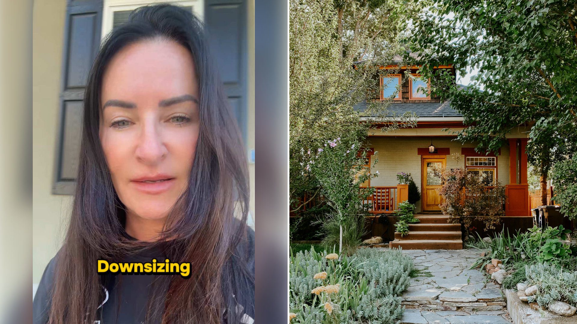 Left: cover still from a TikTok video by @coachstephbritt. Right: A small house with a stone pathway leading to the front door (Unsplash photo by Jamie Hagan).