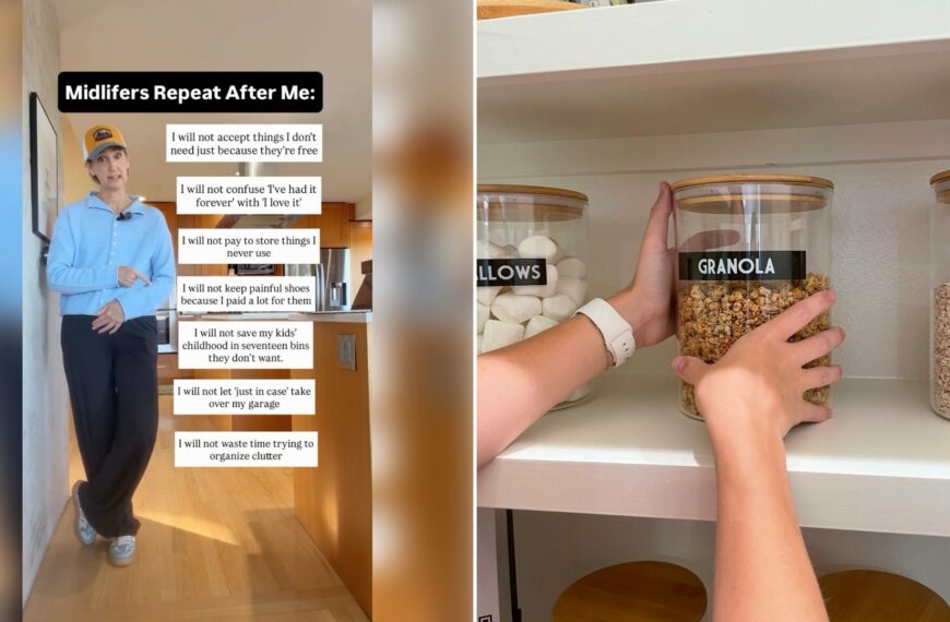 Left: cover still from an Instagram reel by @. Right: A hand placing a labeled granola jar on a tidy pantry shelf (Unsplash photo by Cabri Caldwell).