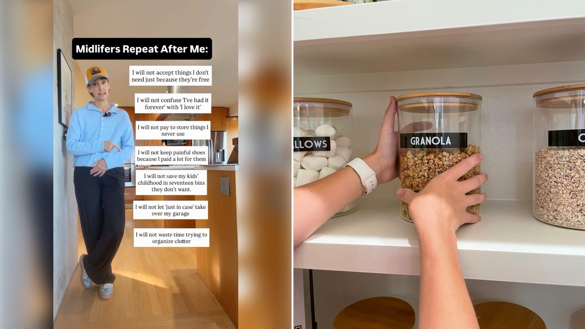 Left: cover still from an Instagram reel by @. Right: A hand placing a labeled granola jar on a tidy pantry shelf (Unsplash photo by Cabri Caldwell).