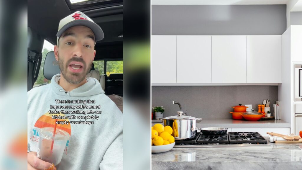 Left: cover still from an Instagram reel by @. Right: A bright white kitchen with clear counters and a marble island (Unsplash photo by Jason Briscoe).