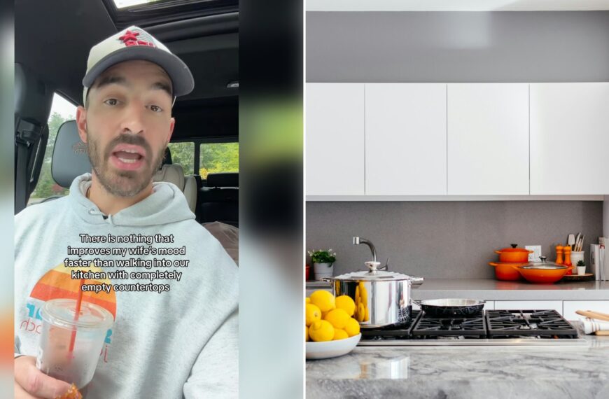 Left: cover still from an Instagram reel by @. Right: A bright white kitchen with clear counters and a marble island (Unsplash photo by Jason Briscoe).
