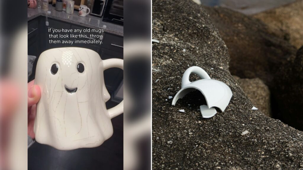 Left: cover still from an Instagram reel by @. Right: A broken white ceramic mug on a rock (Unsplash photo by Clara García).
