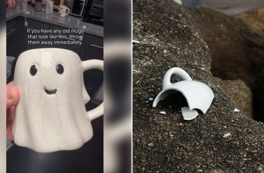Left: cover still from an Instagram reel by @. Right: A broken white ceramic mug on a rock (Unsplash photo by Clara García).