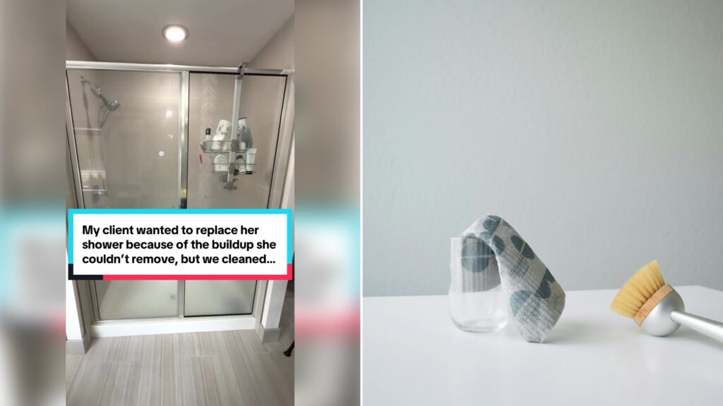 Left: cover still from a TikTok video by @edgecleaning. Right: A drinking glass next to a dish cloth and a dish brush (Unsplash photo by Rachel Beck).