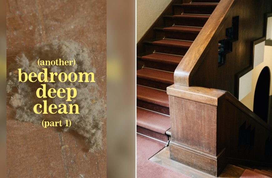 Left: cover still from a TikTok video by @ashtonboughtahouse. Right: A wooden staircase with a red carpet and an ornate railing (Unsplash photo by Tsuyoshi Kozu).