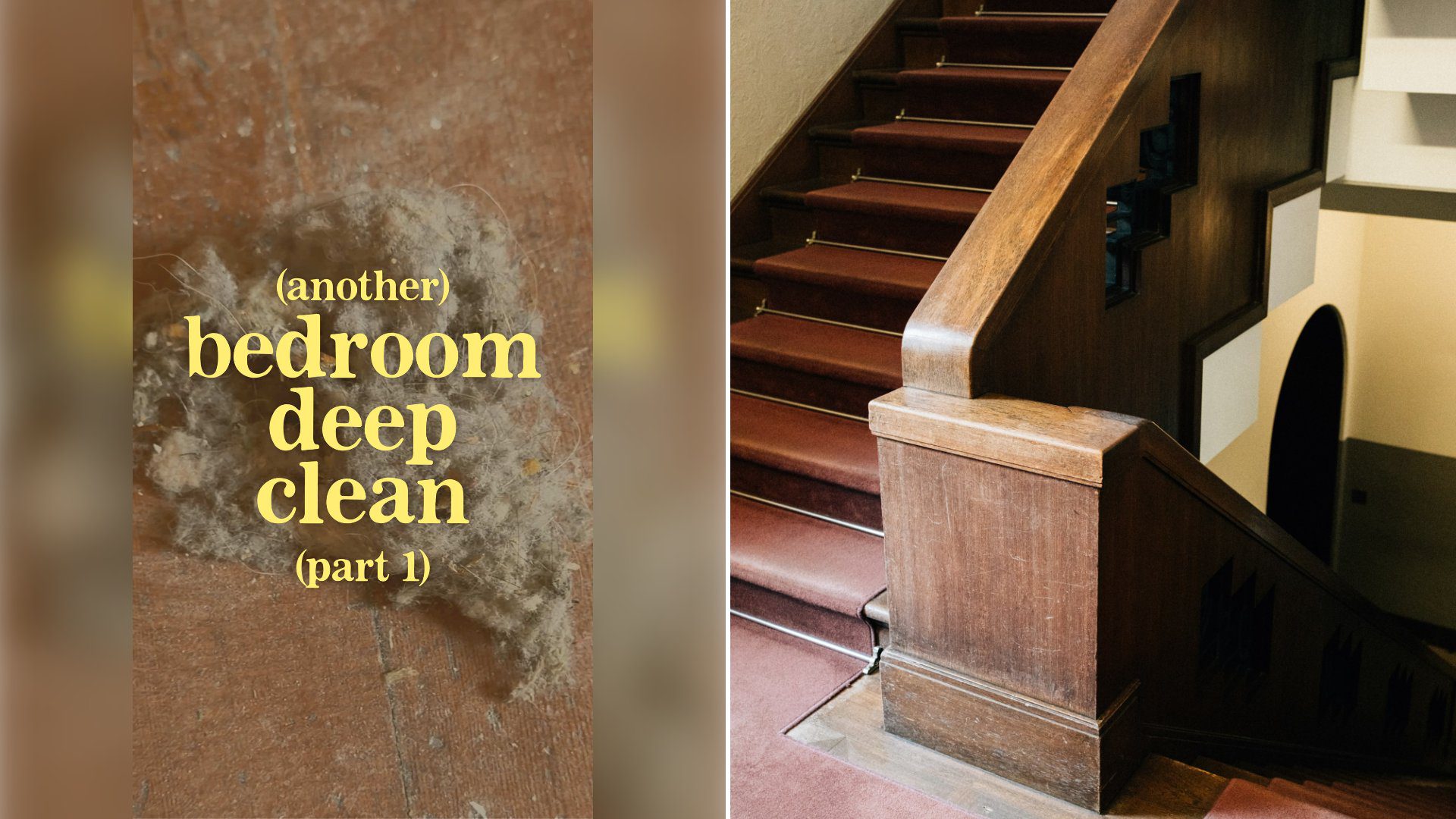 Left: cover still from a TikTok video by @ashtonboughtahouse. Right: A wooden staircase with a red carpet and an ornate railing (Unsplash photo by Tsuyoshi Kozu).