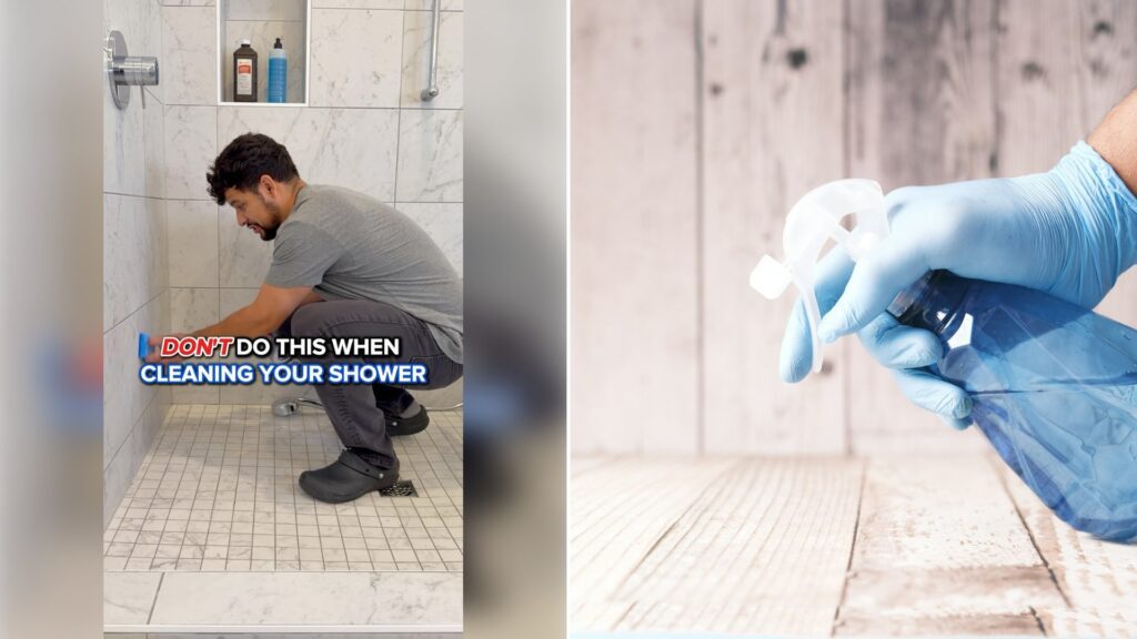 Left: cover still from an Instagram reel by @. Right: A hand in a blue latex glove holding a blue spray bottle (Unsplash photo by Towfiqu barbhuiya).