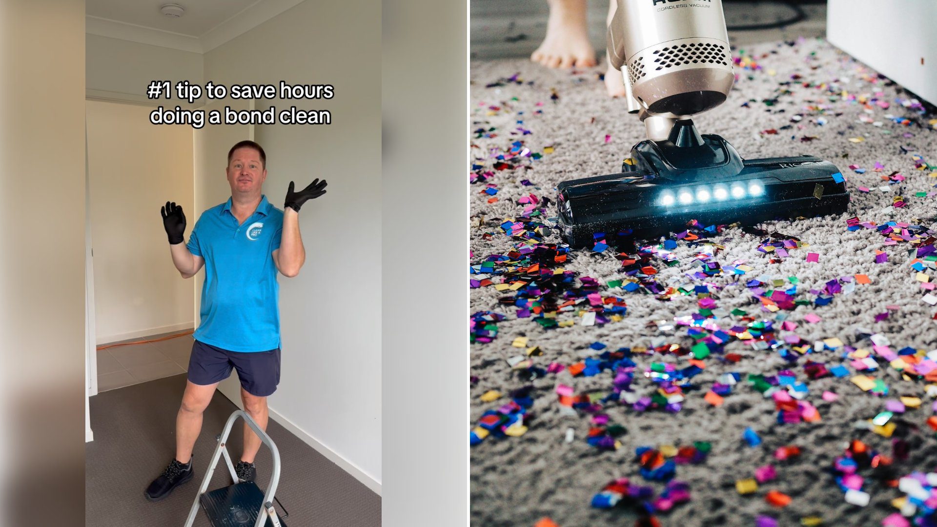 Left: cover still from an Instagram reel by @. Right: A person vacuuming a carpet (Unsplash photo by No Revisions).