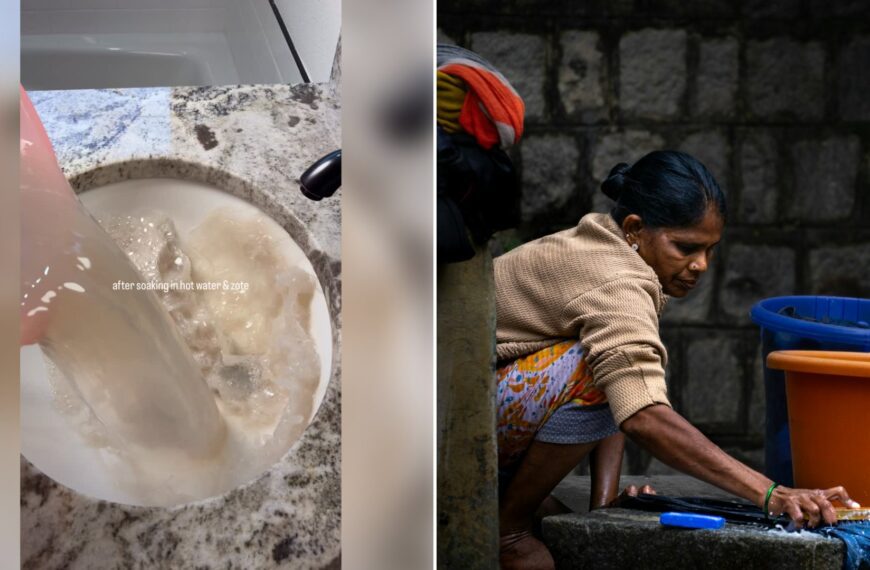 Left: cover still from an Instagram reel by @. Right: Hands scrubbing laundry with a scrub brush (Unsplash photo by Ojas Raj).