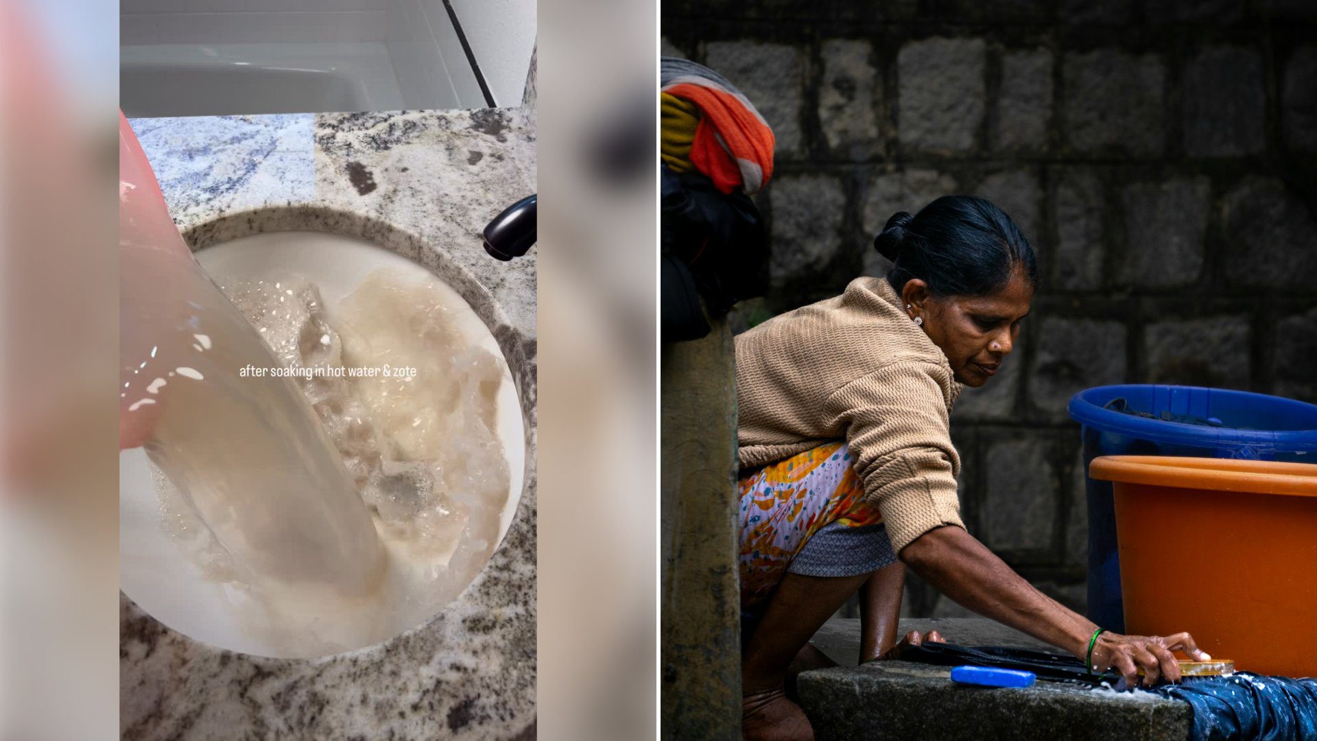 Left: cover still from an Instagram reel by @. Right: Hands scrubbing laundry with a scrub brush (Unsplash photo by Ojas Raj).