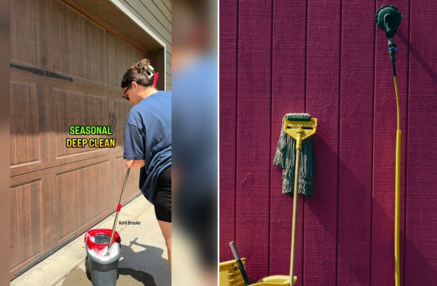 Left: cover still from an Instagram reel by @. Right: A yellow mop and a yellow bucket against a pink wall (Unsplash photo by Nellie Adamyan).