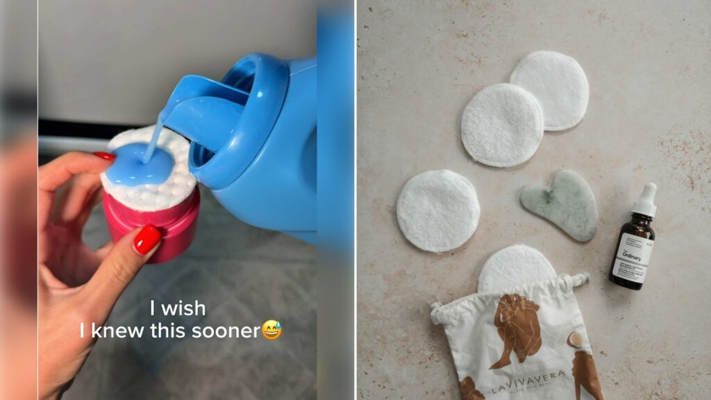 Left: cover still from a TikTok video by @alenamomx2hacks. Right: Reusable cotton pads beside a bottle of face oil (Unsplash photo by Miska Sage).