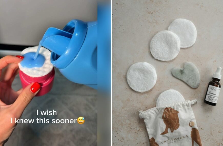 Left: cover still from a TikTok video by @alenamomx2hacks. Right: Reusable cotton pads beside a bottle of face oil (Unsplash photo by Miska Sage).