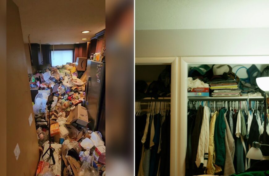 Left: cover still from a TikTok video by @taefreecleans. Right: Closets overflowing with clothes and other items (Unsplash photo by Zach Kessinger).