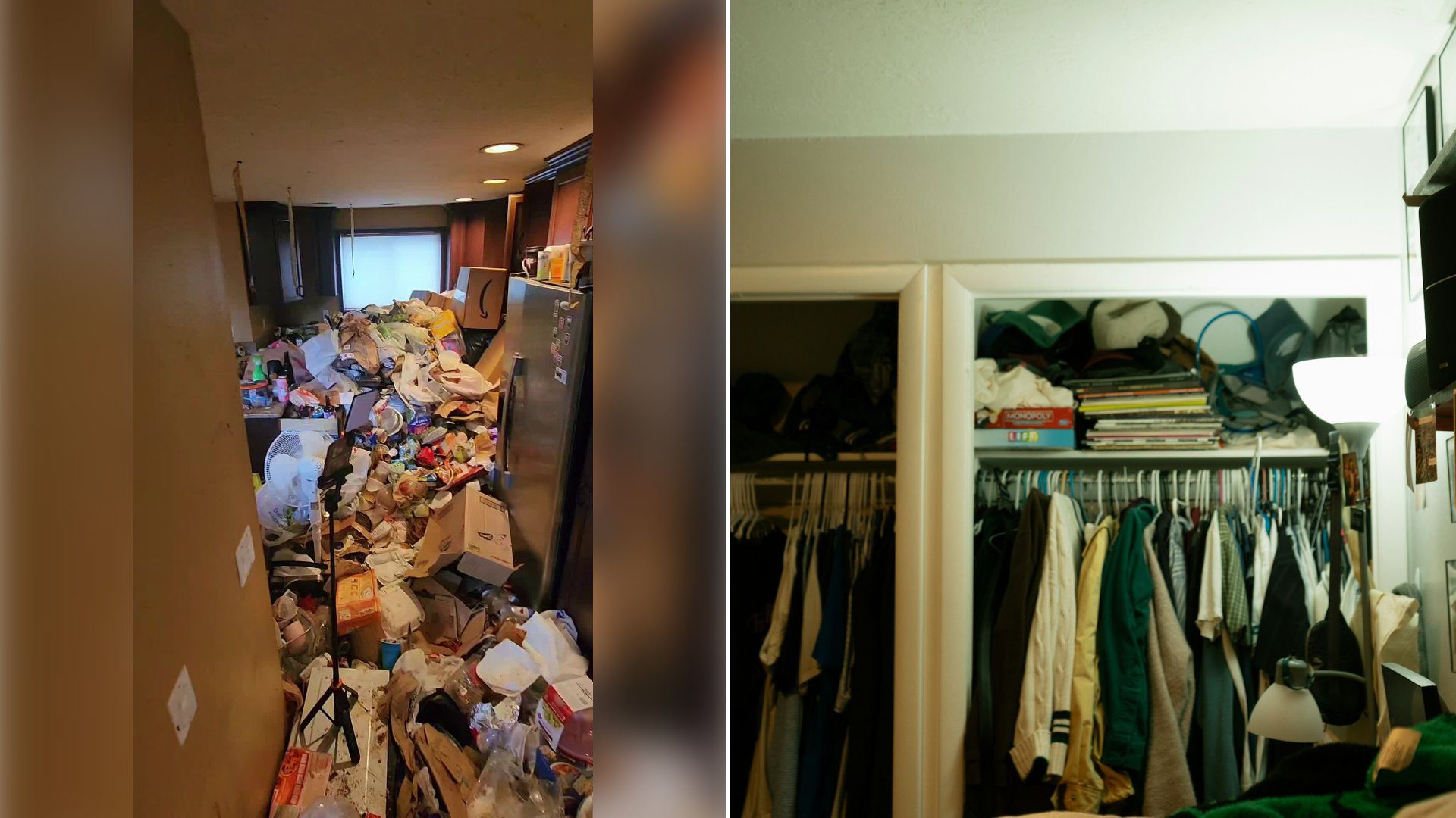 Left: cover still from a TikTok video by @taefreecleans. Right: Closets overflowing with clothes and other items (Unsplash photo by Zach Kessinger).