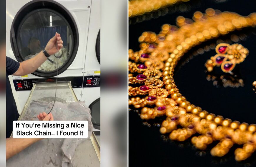 Left: cover still from a TikTok video by @lintlovers. Right: A gold and purple beaded necklace (Unsplash photo by Vaibhav Nagare).