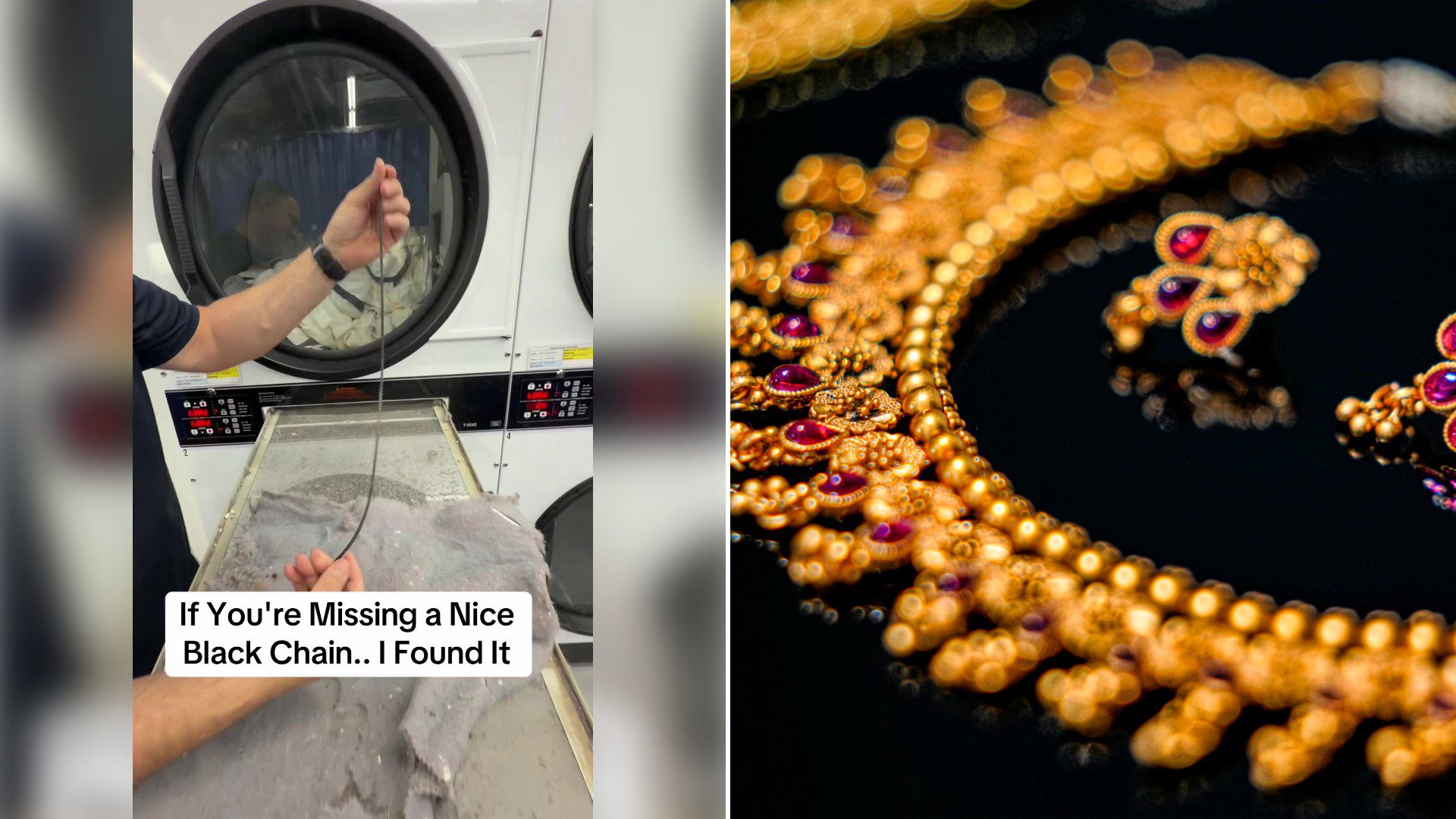 Left: cover still from a TikTok video by @lintlovers. Right: A gold and purple beaded necklace (Unsplash photo by Vaibhav Nagare).