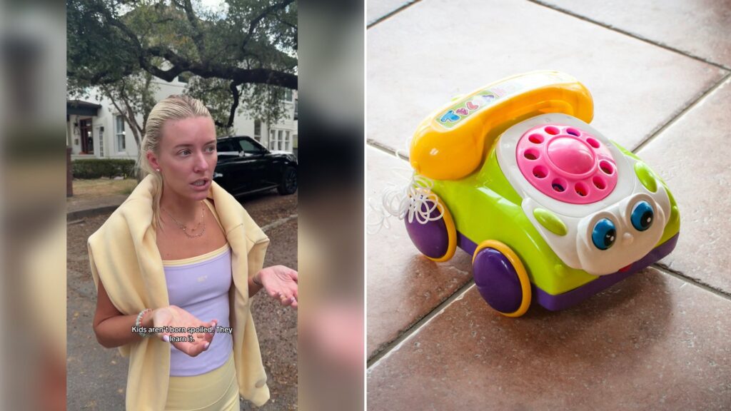 Left: cover still from a TikTok video by @justalexfugman. Right: A small toy car sitting alone on a tile floor (Unsplash photo by Matteo Discardi).