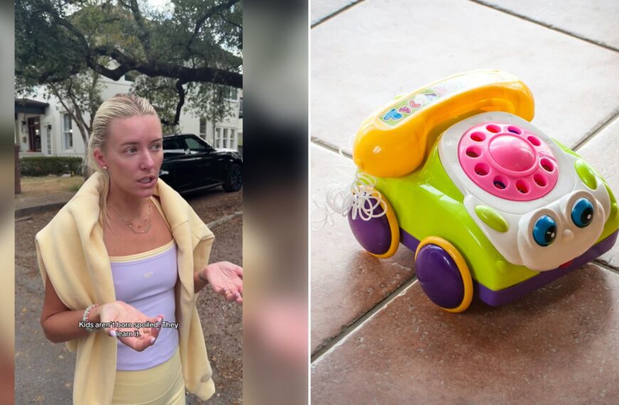 Left: cover still from a TikTok video by @justalexfugman. Right: A small toy car sitting alone on a tile floor (Unsplash photo by Matteo Discardi).