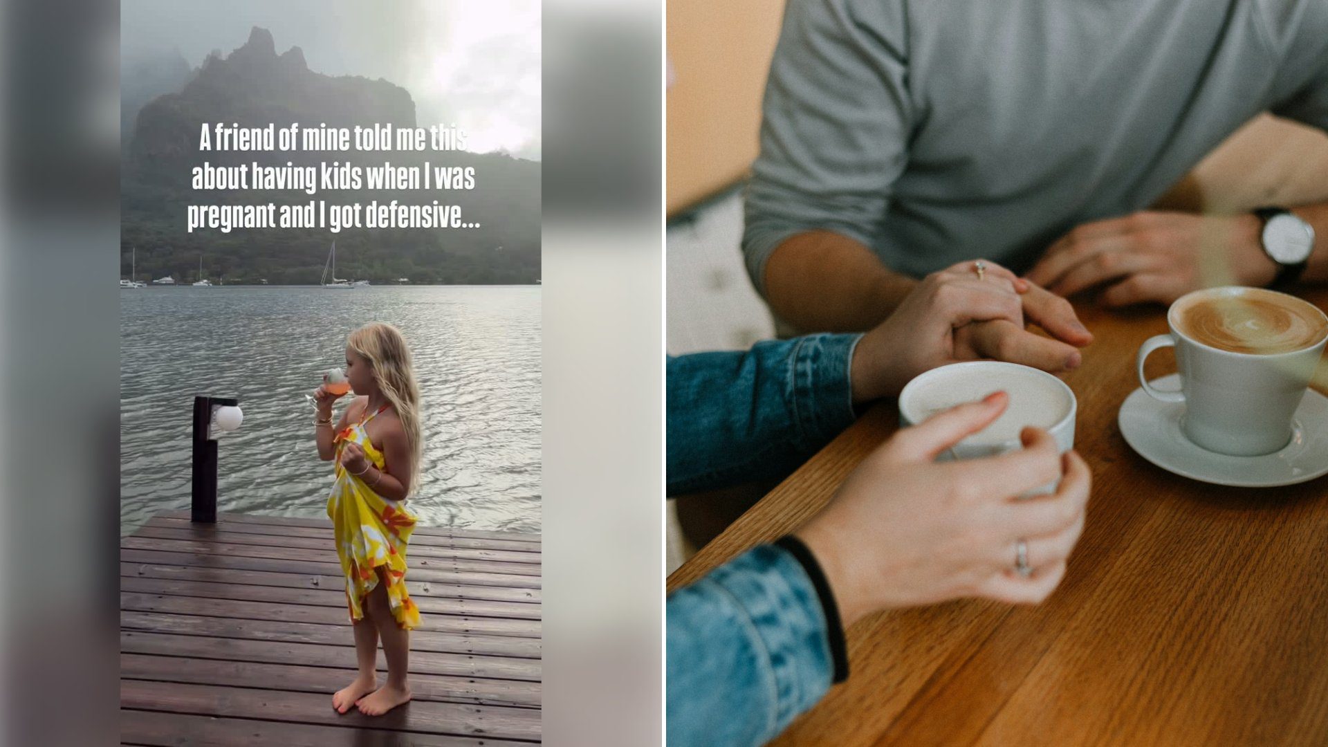 Left: cover still from an Instagram reel by @. Right: Two mugs of coffee sitting side by side on a table (Unsplash photo by Priscilla Du Preez).