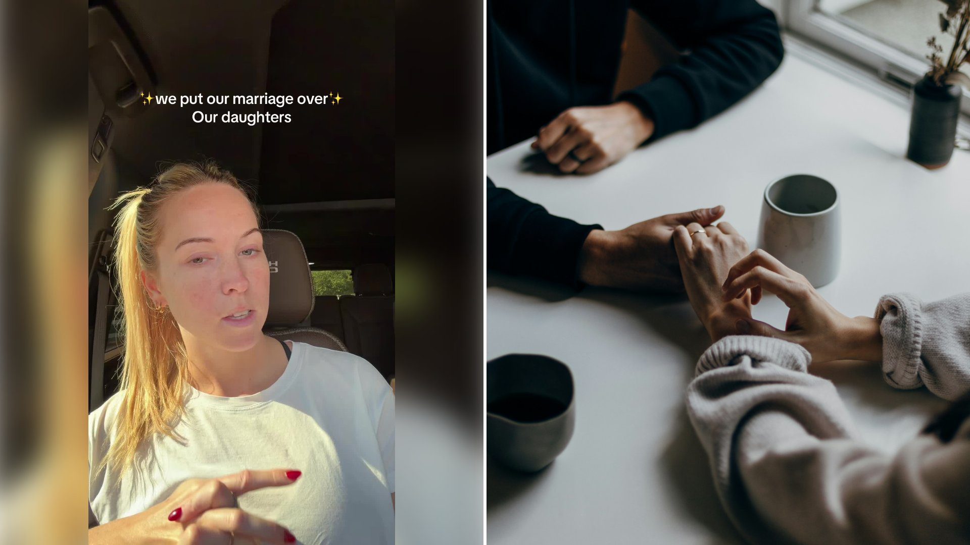 Left: cover still from a TikTok video by @lottie..weaver. Right: Two people holding hands across a table (Unsplash photo by Priscilla Du Preez).