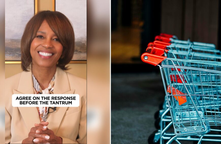 Left: cover still from an Instagram reel by @. Right: A shopping cart sitting on a gray store floor (Unsplash photo by Jasper Garratt).