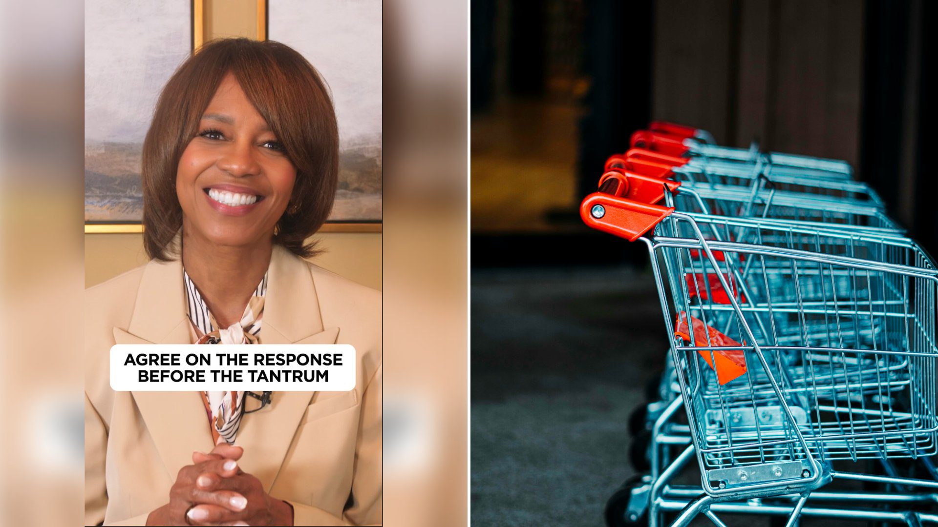 Left: cover still from an Instagram reel by @. Right: A shopping cart sitting on a gray store floor (Unsplash photo by Jasper Garratt).