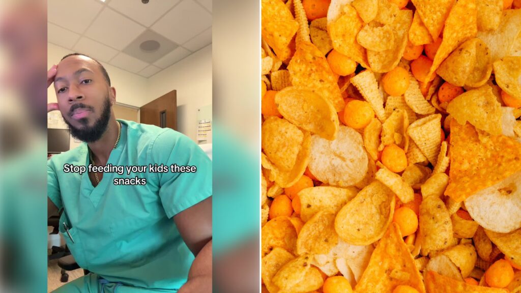 Left: cover still from a TikTok video by @sgtmedicinebag. Right: A close-up of a pile of orange corn chips (Unsplash photo by Karsten Winegeart).