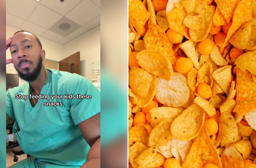 Left: cover still from a TikTok video by @sgtmedicinebag. Right: A close-up of a pile of orange corn chips (Unsplash photo by Karsten Winegeart).