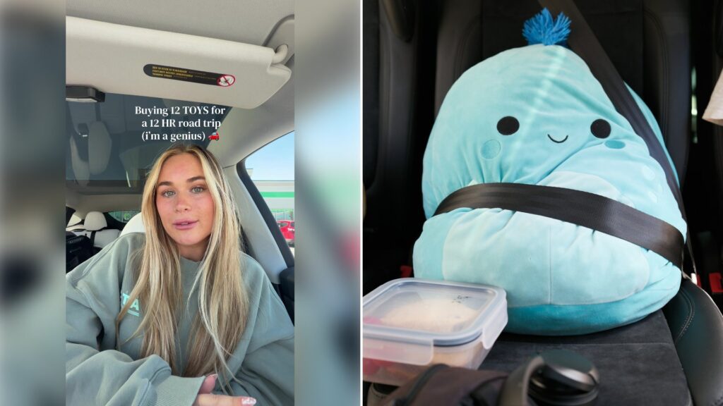 Left: cover still from a TikTok video by @kylensuttner. Right: A light blue plush toy buckled into a car seat with a seatbelt (Unsplash photo by Andre Kidszun).