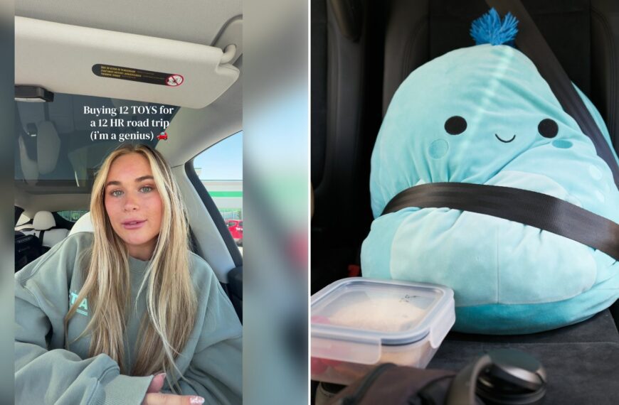 Left: cover still from a TikTok video by @kylensuttner. Right: A light blue plush toy buckled into a car seat with a seatbelt (Unsplash photo by Andre Kidszun).