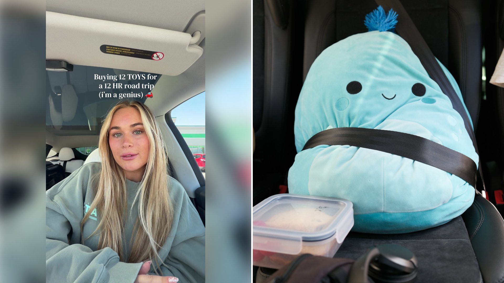 Left: cover still from a TikTok video by @kylensuttner. Right: A light blue plush toy buckled into a car seat with a seatbelt (Unsplash photo by Andre Kidszun).