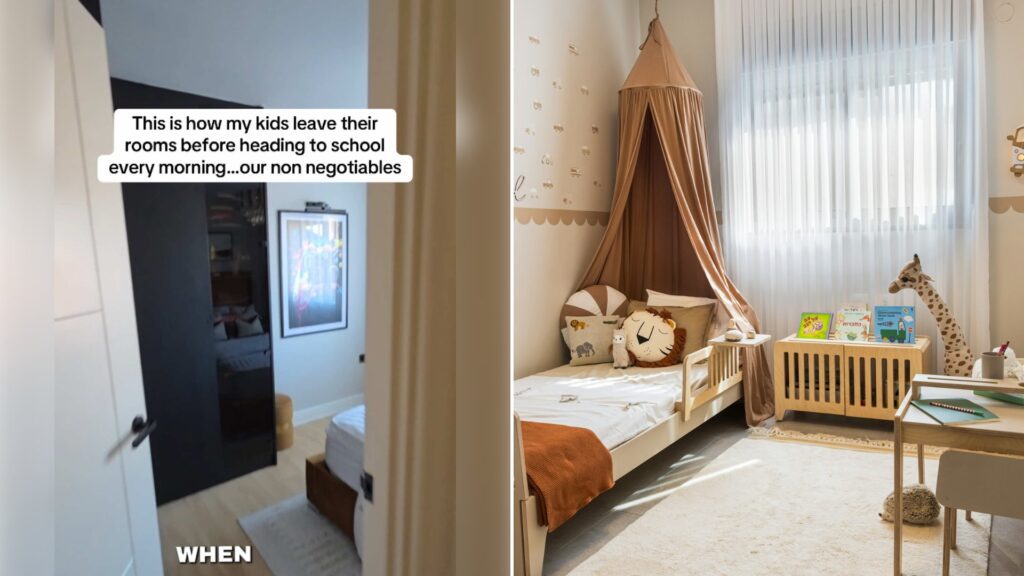 Left: cover still from a TikTok video by @athomewithdidi. Right: A cozy child's bedroom with a bed and a desk (Unsplash photo by Shoham Avisrur).