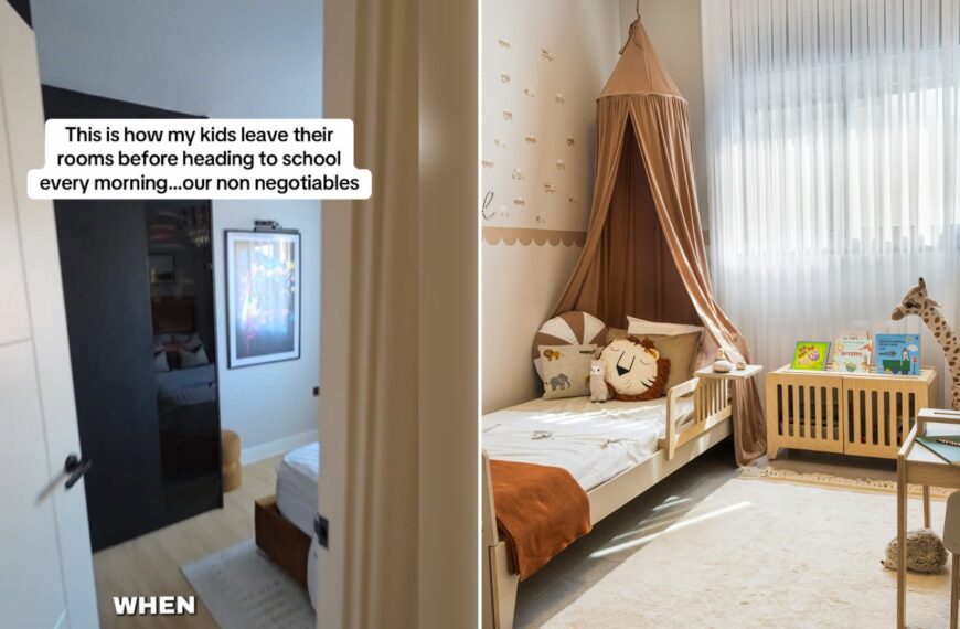 Left: cover still from a TikTok video by @athomewithdidi. Right: A cozy child's bedroom with a bed and a desk (Unsplash photo by Shoham Avisrur).
