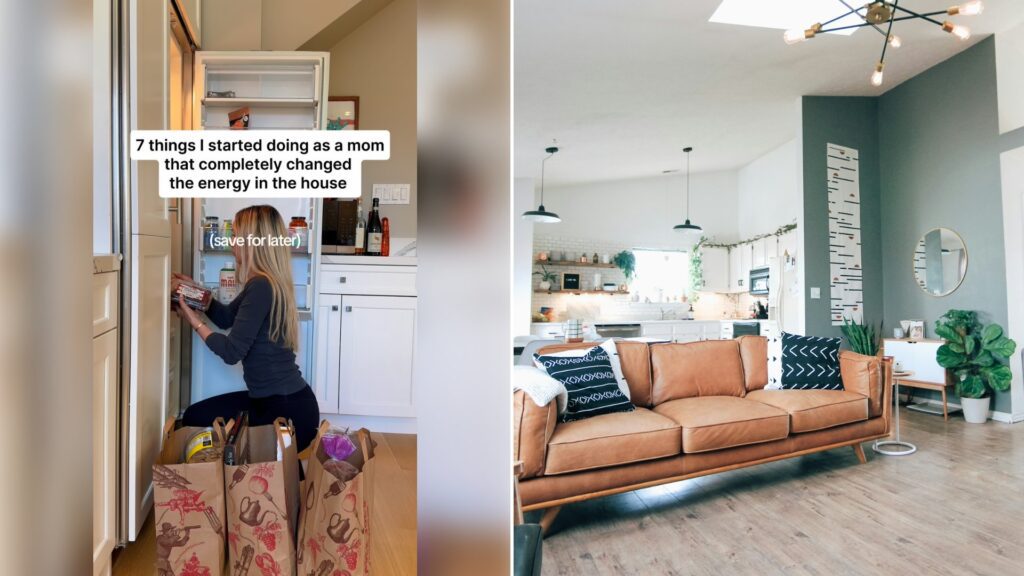 Left: cover still from an Instagram reel by @. Right: A comfortable, tidy living room with a sofa (Unsplash photo by Kara Eads).
