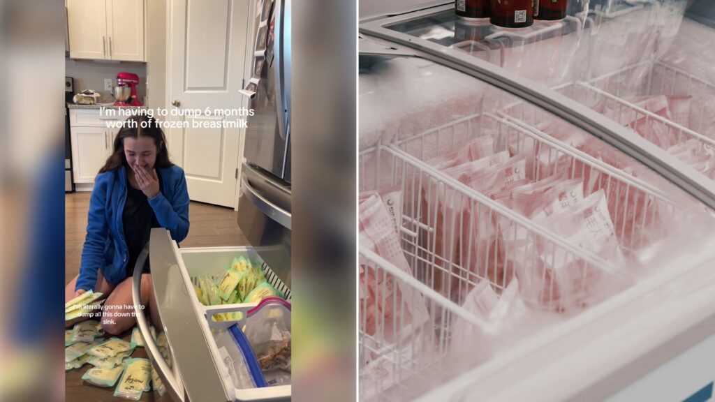 Left: cover still from a TikTok video by @sageantha. Right: Frozen packaged food filling a freezer case (Unsplash photo by Cuvii).