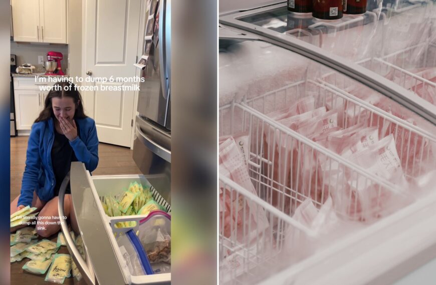 Left: cover still from a TikTok video by @sageantha. Right: Frozen packaged food filling a freezer case (Unsplash photo by Cuvii).