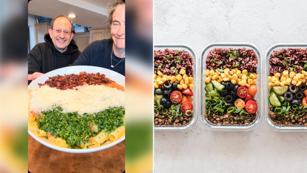 Left: cover still from an Instagram reel by @. Right: Three glass meal prep containers filled with rice, corn, olives, tomatoes, cucumbers and lentils (Unsplash photo by Ella Olsson).