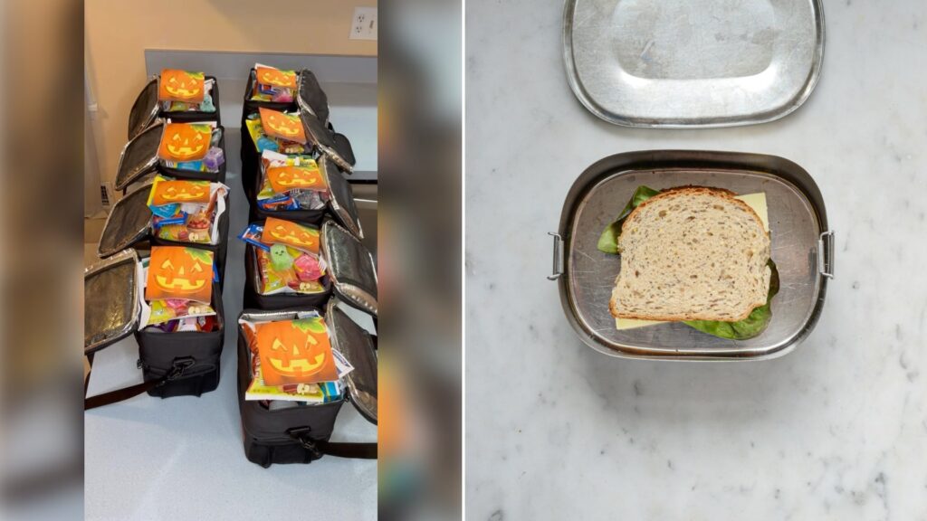 Left: cover still from an Instagram reel by @. Right: A cheese and lettuce sandwich in a stainless steel lunchbox on a marble counter (Unsplash photo by Jack Cole).