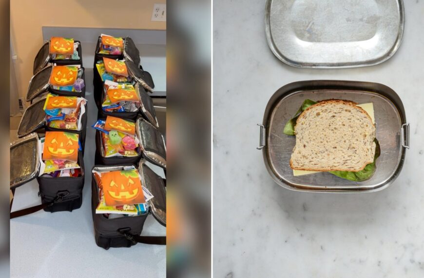 Left: cover still from an Instagram reel by @. Right: A cheese and lettuce sandwich in a stainless steel lunchbox on a marble counter (Unsplash photo by Jack Cole).