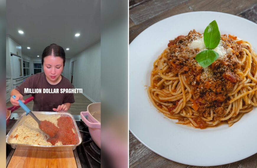 Left: cover still from a TikTok video by @ayomadelyn. Right: Spaghetti on a white ceramic plate (Unsplash photo by Homescreenify).