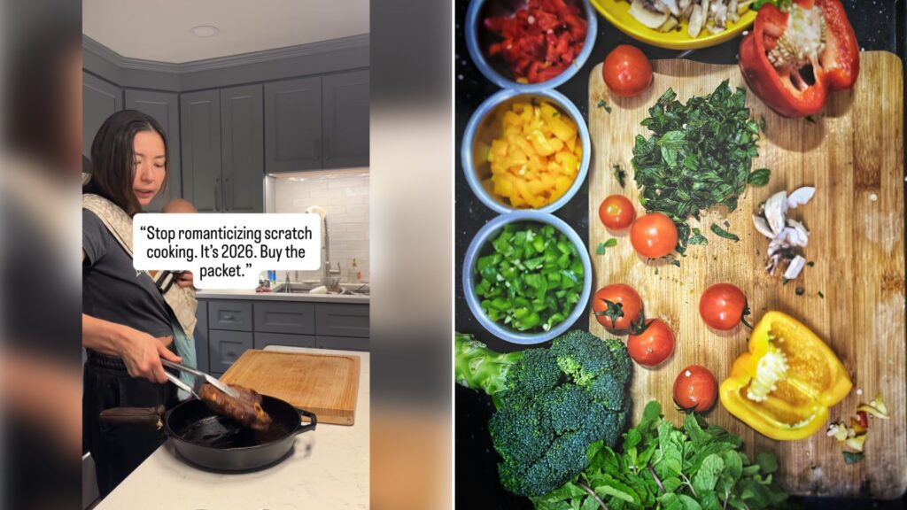 Left: cover still from an Instagram reel by @. Right: Orange tomatoes, sliced yellow bell pepper and broccoli on a wooden chopping board (Unsplash photo by Sanket Shah).
