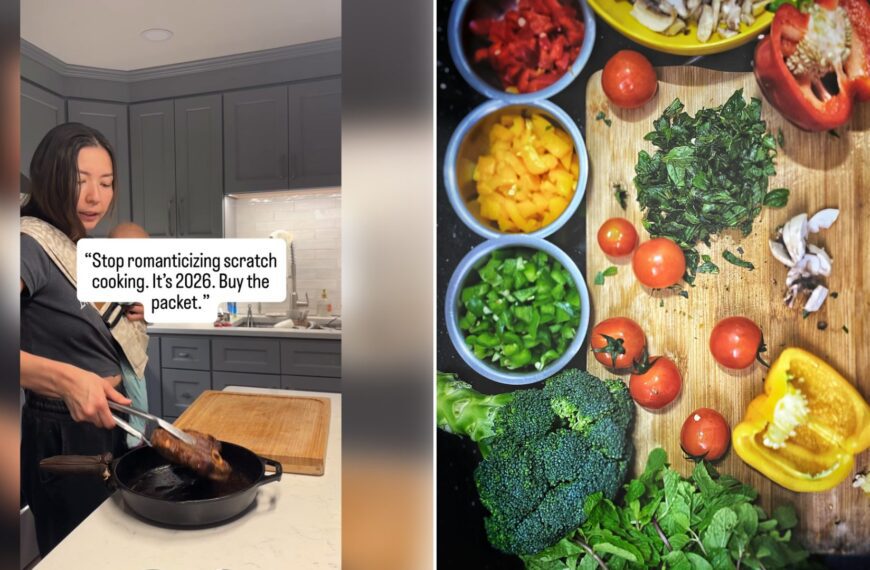 Left: cover still from an Instagram reel by @. Right: Orange tomatoes, sliced yellow bell pepper and broccoli on a wooden chopping board (Unsplash photo by Sanket Shah).