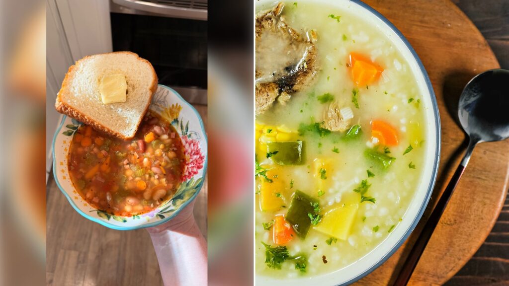 Left: cover still from an Instagram reel by @. Right: A bowl of hearty soup with a spoon (Unsplash photo by Keesha's Kitchen).