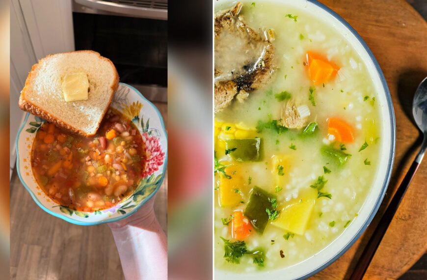 Left: cover still from an Instagram reel by @. Right: A bowl of hearty soup with a spoon (Unsplash photo by Keesha's Kitchen).