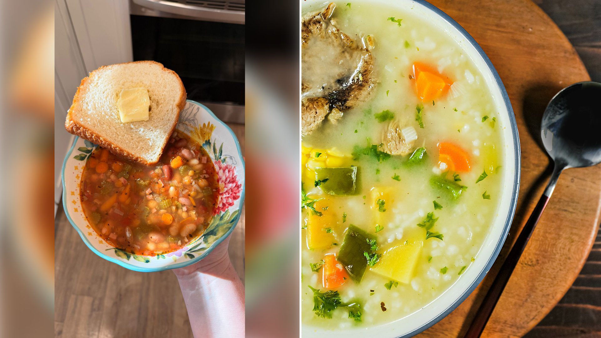 Left: cover still from an Instagram reel by @. Right: A bowl of hearty soup with a spoon (Unsplash photo by Keesha's Kitchen).