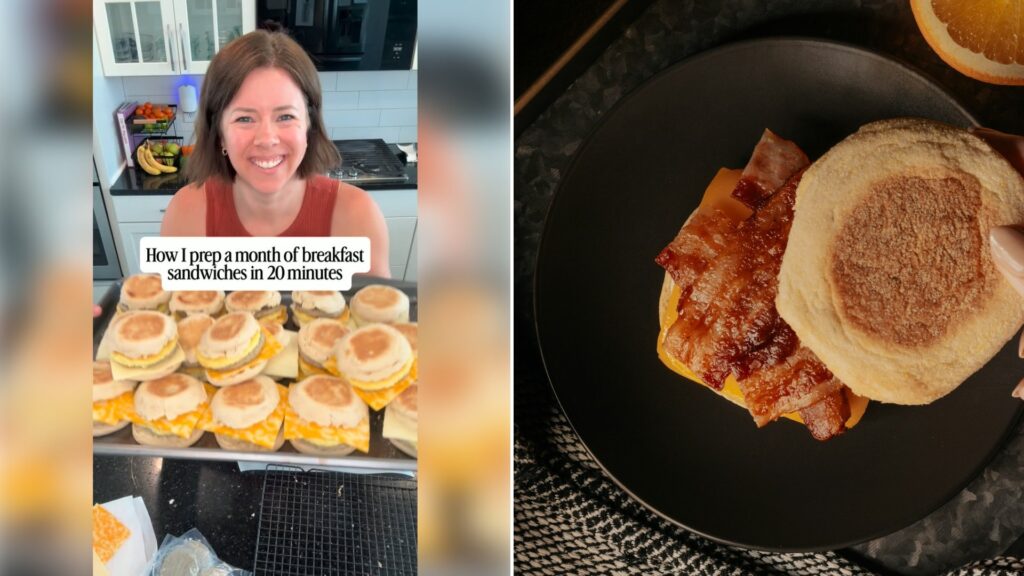 Left: cover still from an Instagram reel by @. Right: A bread-and-egg breakfast sandwich on a black plate (Unsplash photo by Wright Brand Bacon).